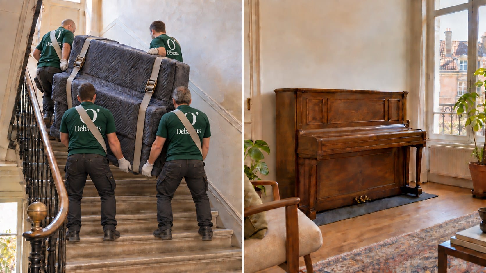 Manutention d’un piano droit à Lambersart dans un escalier